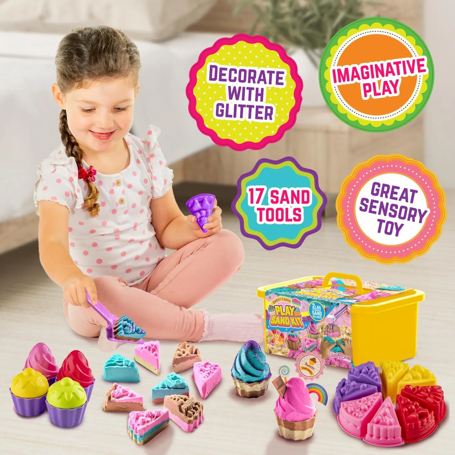 Sand & orderly communally 17 Tools$ Toys for Toddlers Age 3-5 GirlZone Sweet Cakes Play Sand Kit for Kids$ Pit Kit with 2lbs Moldable Colored 