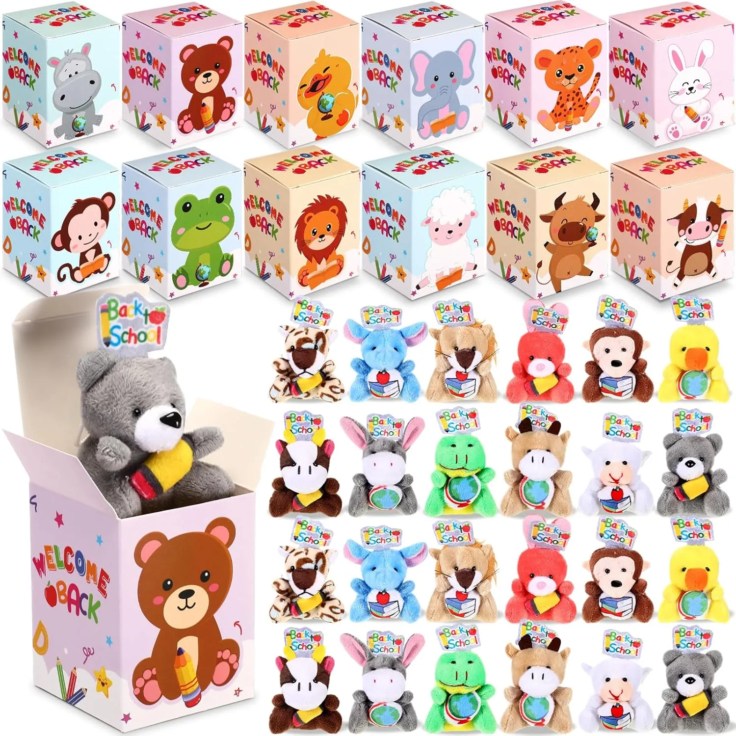 School Gifts Mini Animal Plush Toy with Gift Boxes Small Stuffed Animal with Hat Set for First Day of School apologize rape anger diversion imagery Party Favor Students Classroom Exchange Prizes 24 Sets Back to 