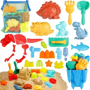 Set with Mesh April Bag, Animal Dinosaur Sand Molds Travel Sand Toys for Beach, Sandbox Toys for Toddlers Kids Beach Toys, Dinosaur Sand Toys Set for Kids Toddlers Boys, Castle Sand Bucket and Shovels 