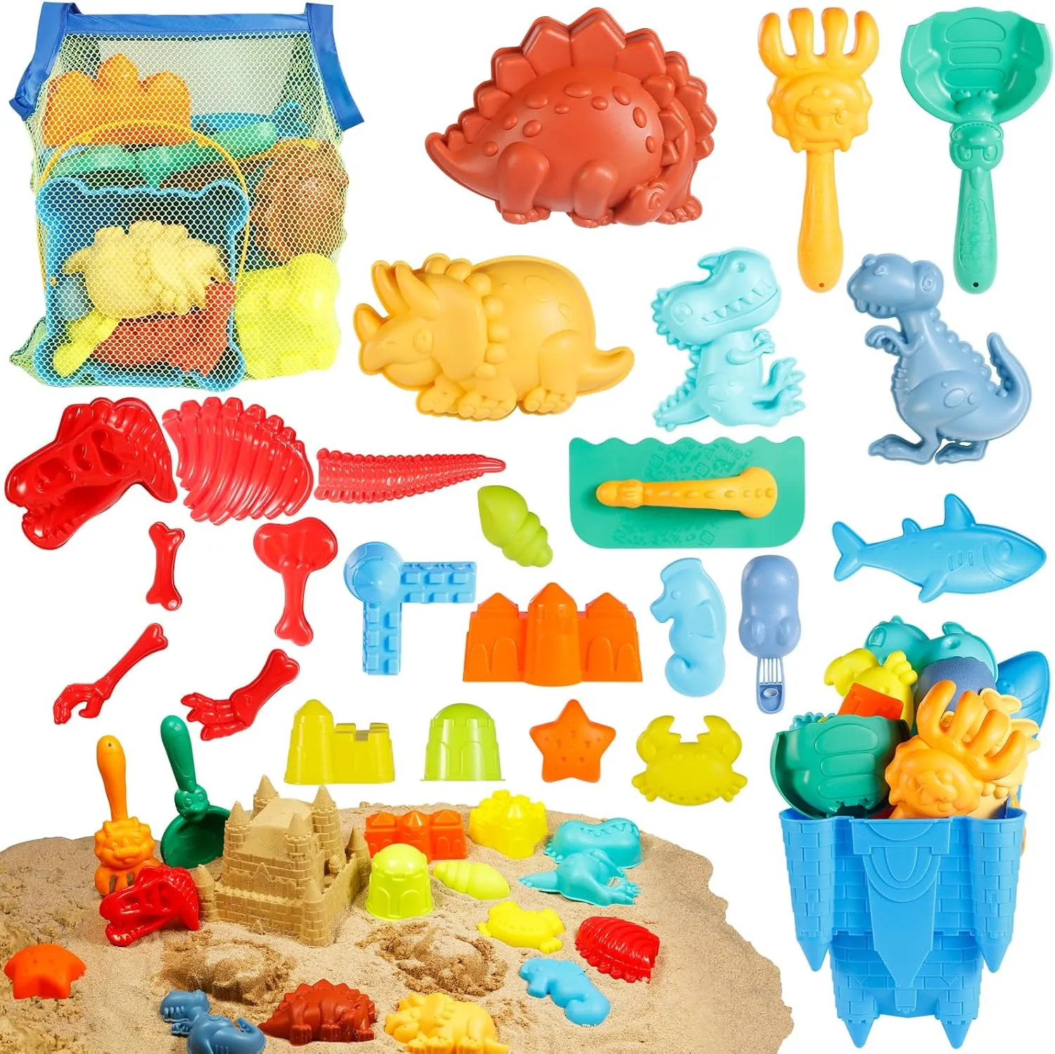 Set with Mesh April Bag, Animal Dinosaur Sand Molds Travel Sand Toys for Beach, Sandbox Toys for Toddlers Kids Beach Toys, Dinosaur Sand Toys Set for Kids Toddlers Boys, Castle Sand Bucket and Shovels 