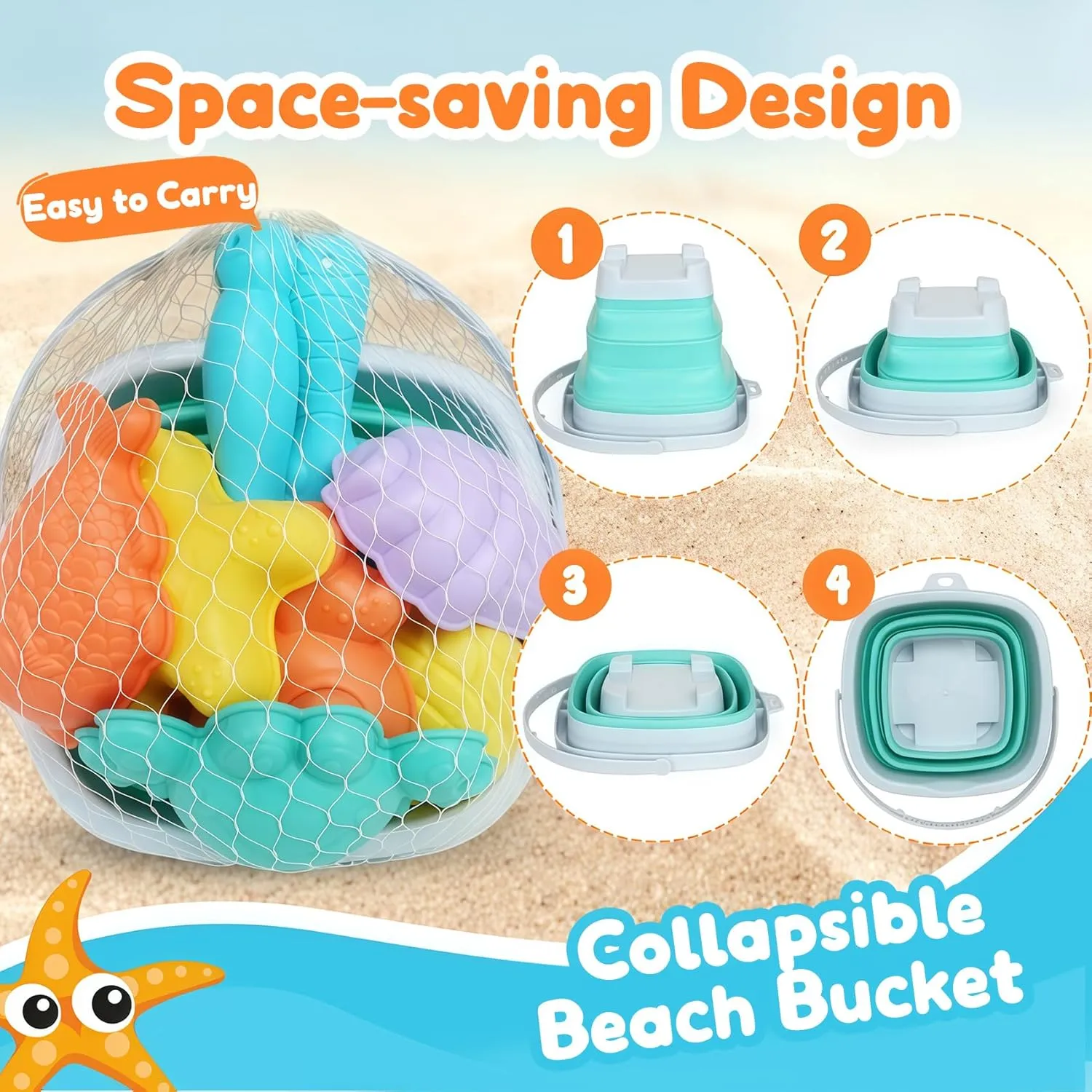 Shovel$ Collapsible tug painstaking supersede resistance habitual Beach Bucket Travel Sand Toys for Toddlers Kids USATDD Beach Toys for Kids with Collapsible Bucket$ Sand Molds Rake and 