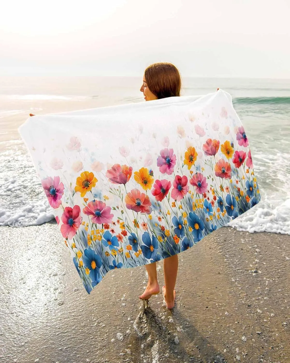 Shower separable Towels, Blue Orange Flowers Country Lightweight Portable Towel/Blanket for Travel/Swimming Pool/Camping/Yoga/Gym,35x70 Inch Quick-Drying Microfiber Beach Towel, Wildflowers Soft Absorbent Bath 