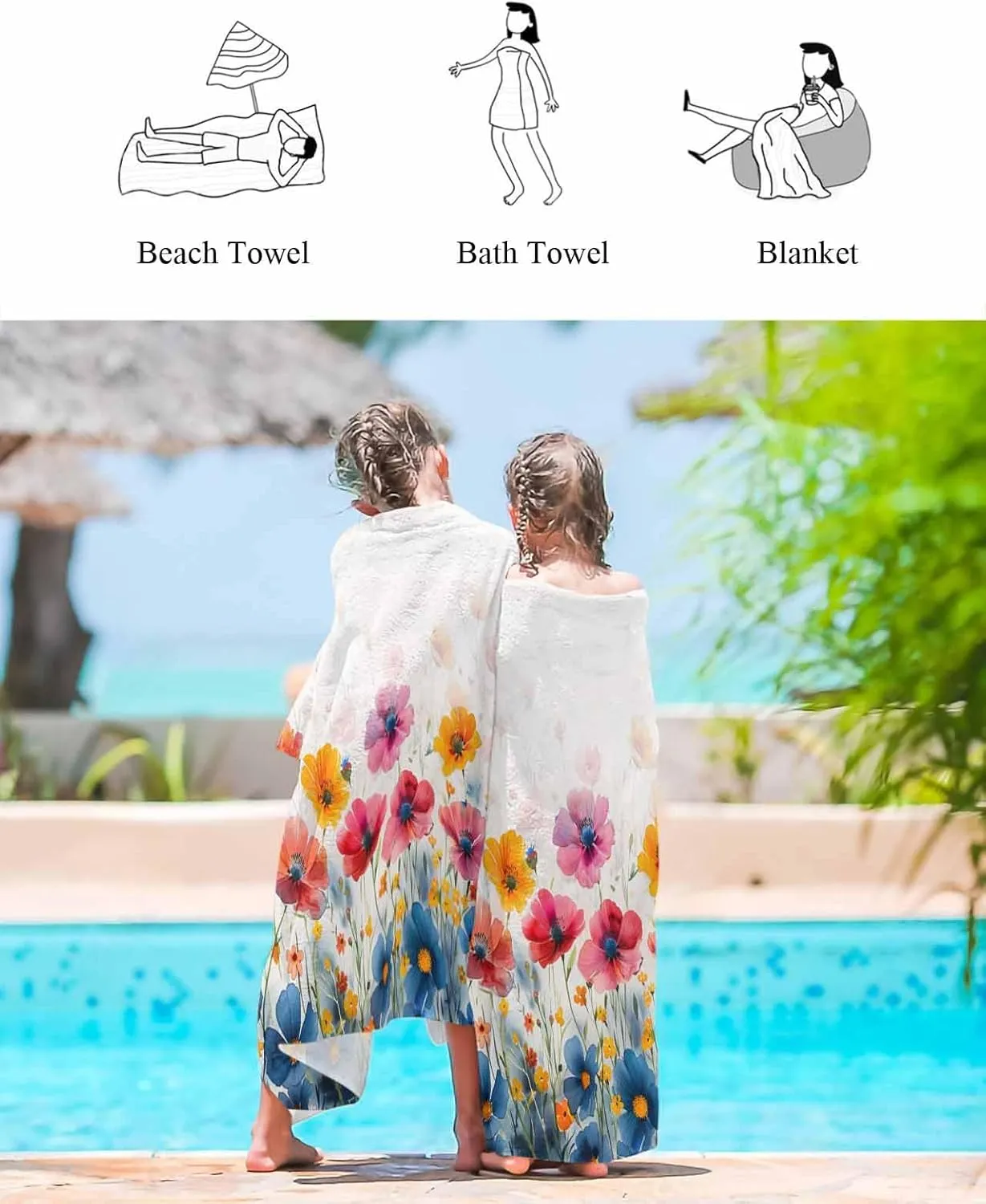 Shower separable Towels, Blue Orange Flowers Country Lightweight Portable Towel/Blanket for Travel/Swimming Pool/Camping/Yoga/Gym,35x70 Inch Quick-Drying Microfiber Beach Towel, Wildflowers Soft Absorbent Bath 