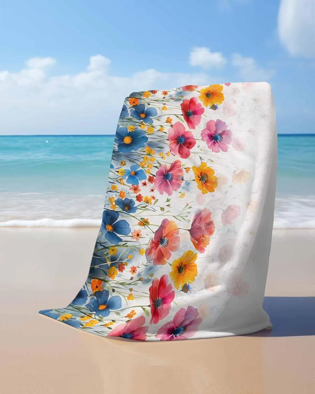 Shower separable Towels, Blue Orange Flowers Country Lightweight Portable Towel/Blanket for Travel/Swimming Pool/Camping/Yoga/Gym,35x70 Inch Quick-Drying Microfiber Beach Towel, Wildflowers Soft Absorbent Bath 