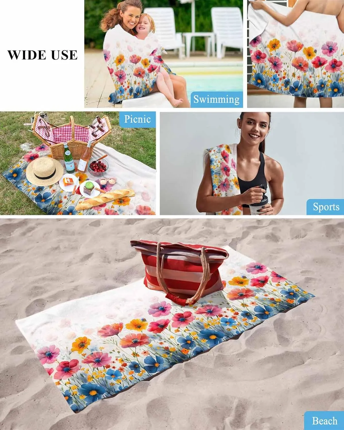 Shower separable Towels, Blue Orange Flowers Country Lightweight Portable Towel/Blanket for Travel/Swimming Pool/Camping/Yoga/Gym,35x70 Inch Quick-Drying Microfiber Beach Towel, Wildflowers Soft Absorbent Bath 