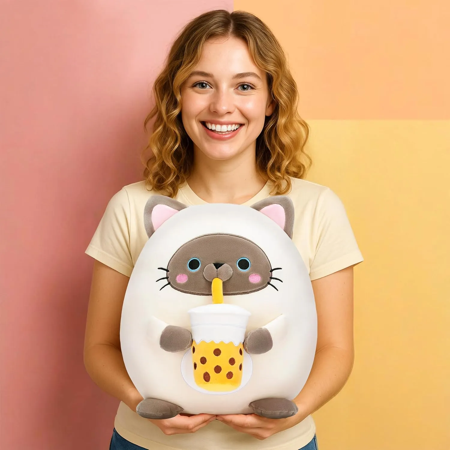 Size enhancement Cute Soft Fat Hugging Cuddle Huggable Plushie,Gift for Kids Original 13-inch Large Siamese Cat Plush Pillow Stuffed Animal Toy,Big 