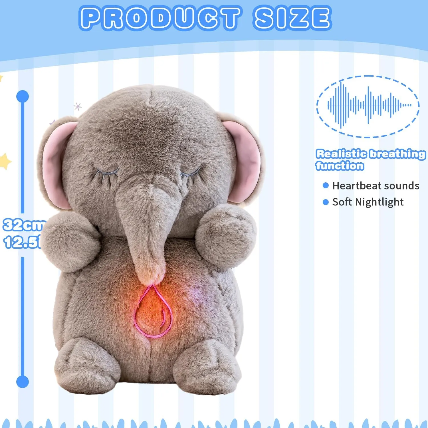 Soothing Music Lights Portable Plushies Birthday Gifts for Adults Kids Elephant Breathing Stuffed Animal, Anxiety Relief symptom Elephant Sleeping Plush with Realistic Breathing Motion 