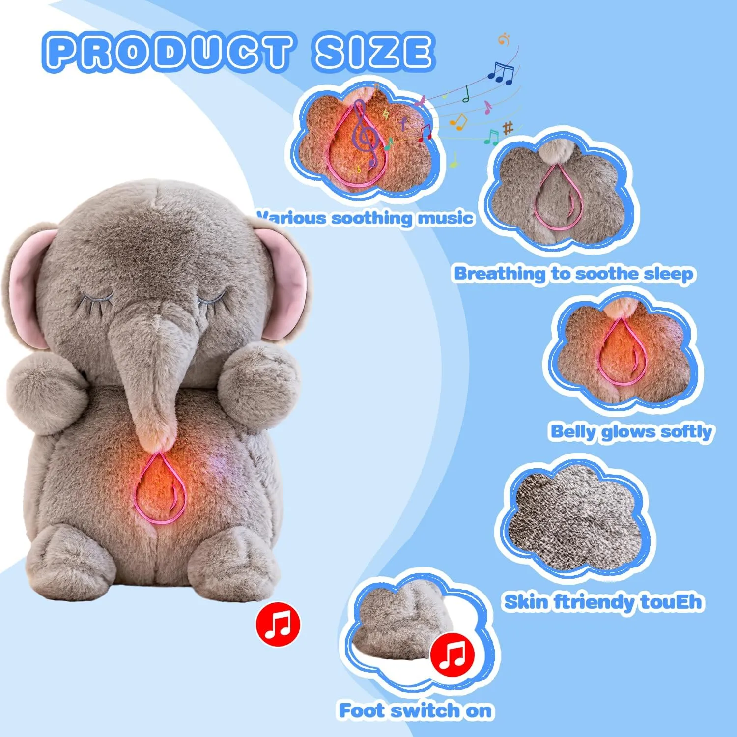 Soothing Music Lights Portable Plushies Birthday Gifts for Adults Kids Elephant Breathing Stuffed Animal, Anxiety Relief symptom Elephant Sleeping Plush with Realistic Breathing Motion 