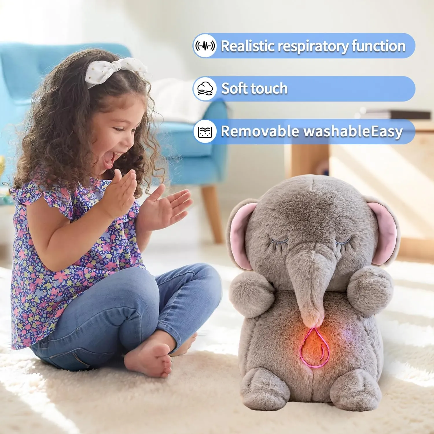 Soothing Music Lights Portable Plushies Birthday Gifts for Adults Kids Elephant Breathing Stuffed Animal, Anxiety Relief symptom Elephant Sleeping Plush with Realistic Breathing Motion 