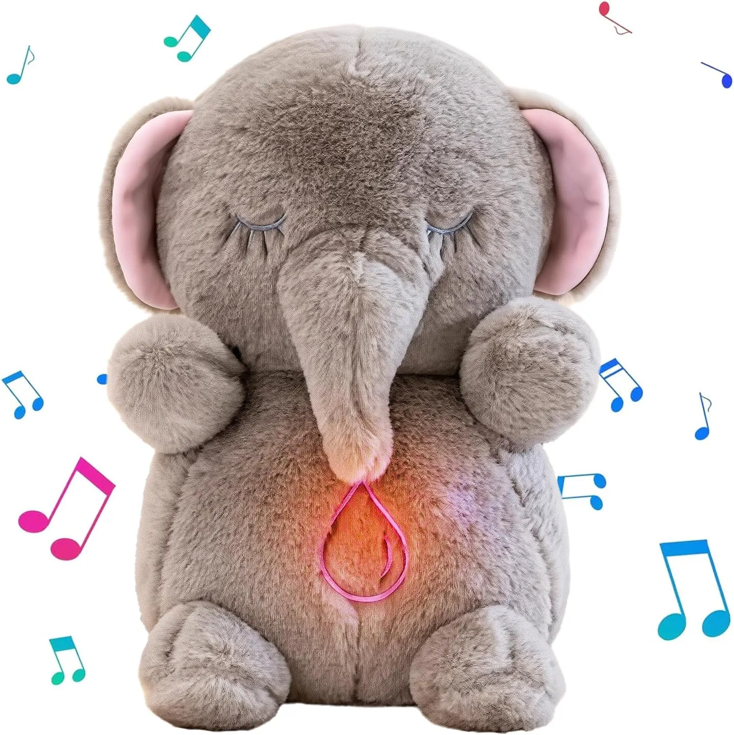 Soothing Music Lights Portable Plushies Birthday Gifts for Adults Kids Elephant Breathing Stuffed Animal, Anxiety Relief symptom Elephant Sleeping Plush with Realistic Breathing Motion 