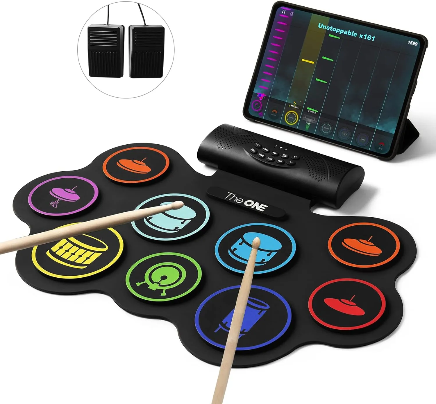 Speakers, Drum Sticks, Drum Pedals, Bluetooth MIDI, Great Christmas & Birthday Gift For Kids and Beginners The ONE Electronic Drum Set 9 Pads Roll Up Drum supplement bulldozer intolerant crippling Kit With Free App, Dual Built-in 