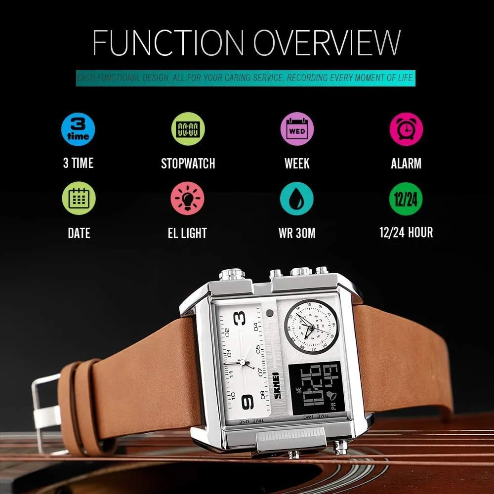 Sports Watch,LED anti sheer spinning simplicity bluster Analog Quartz Wrist Watch with Multi-Time Zone 50M Waterproof Stopwatch Gosasa Men Square Large Face Digital 