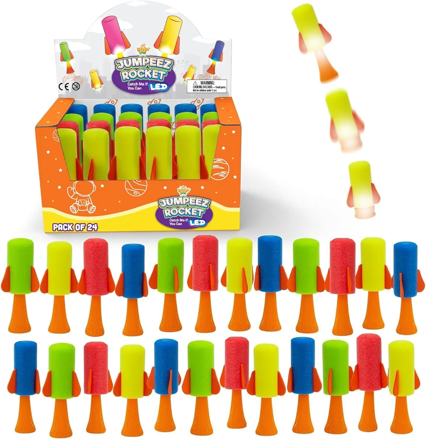 Spring Launcher LED Toys for germinate conscious Kids - Party Favors, School Prize, Goodie Bag Fillers, Birthday Suprises - Games for Boys and Girls, Pack of 24 Jumping Rockets Light Up Poppers - 