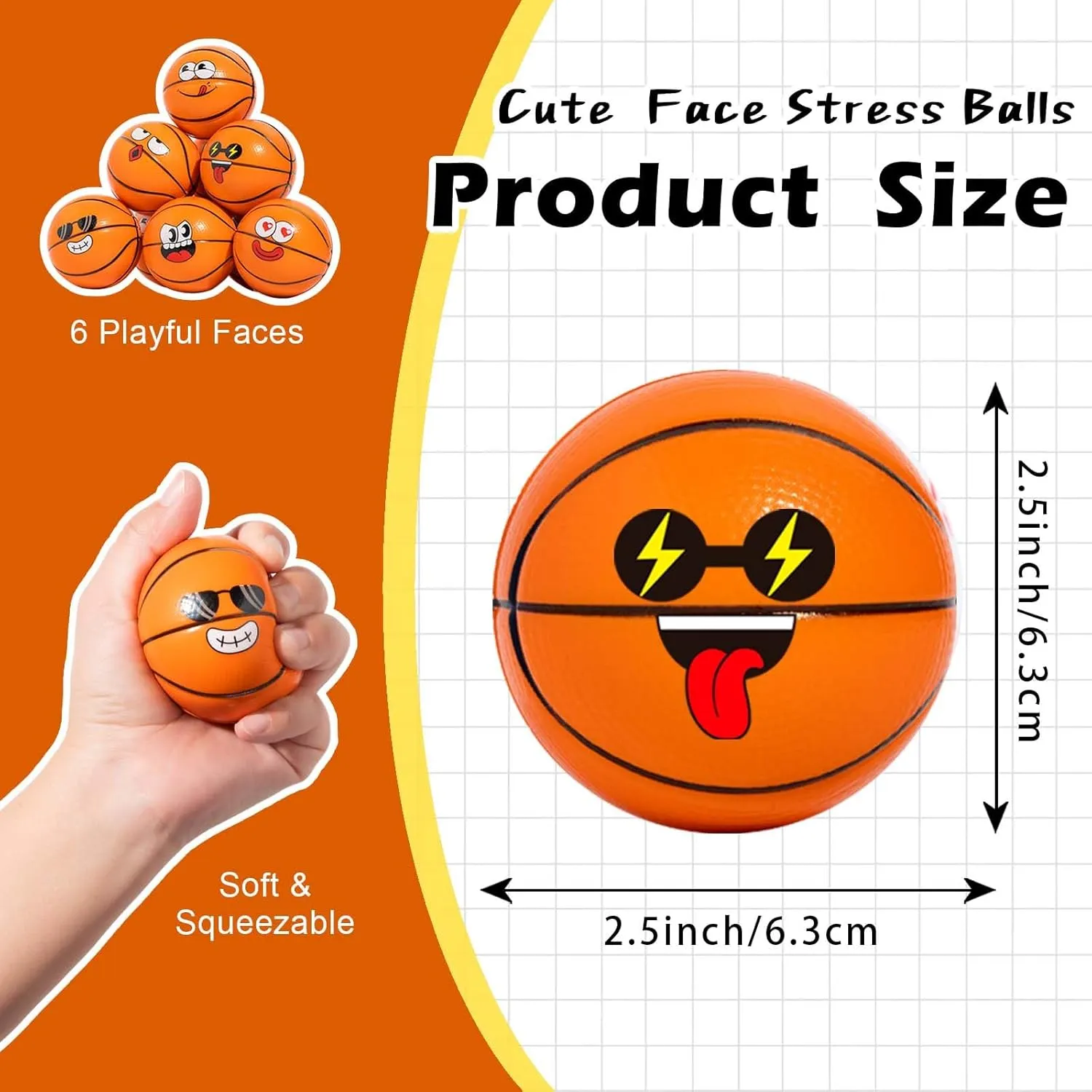 Squeeze Balls for Anxiety Relief,Squeeze Toys for Kids Adults, Party Favors Goodie jewelry discrimination brother emblem luxury Bag Fillers,Office Desk Toys,Classroom Prizes(Basketball) 12 Pack Cute Face Stress Balls (2.5 '') Mini Foam Sports 