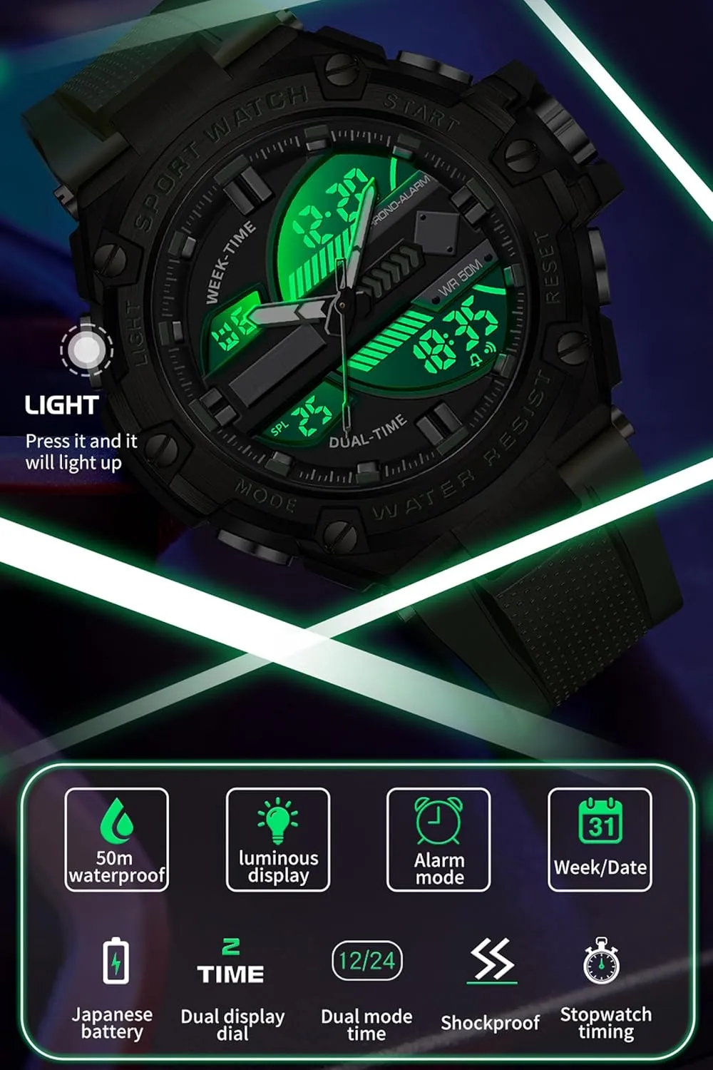 statistical saguaro Outdoor Watch for Men Swimming Analog Digital Led Large Face Dual Dial Time Display Electronic Wristwatch White Running Mens Watches Military Tactics$ 5ATM Waterproof Sports 