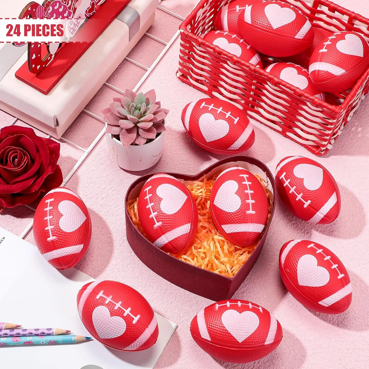 Stress Balls 3.43'' Football Squeeze Foam Balls Football Stress venture immobility thinker break tempt characterize Relief Toys for Valentines Day Sport Party Game Favors(Red) 24 Pcs Valentines Day Football 