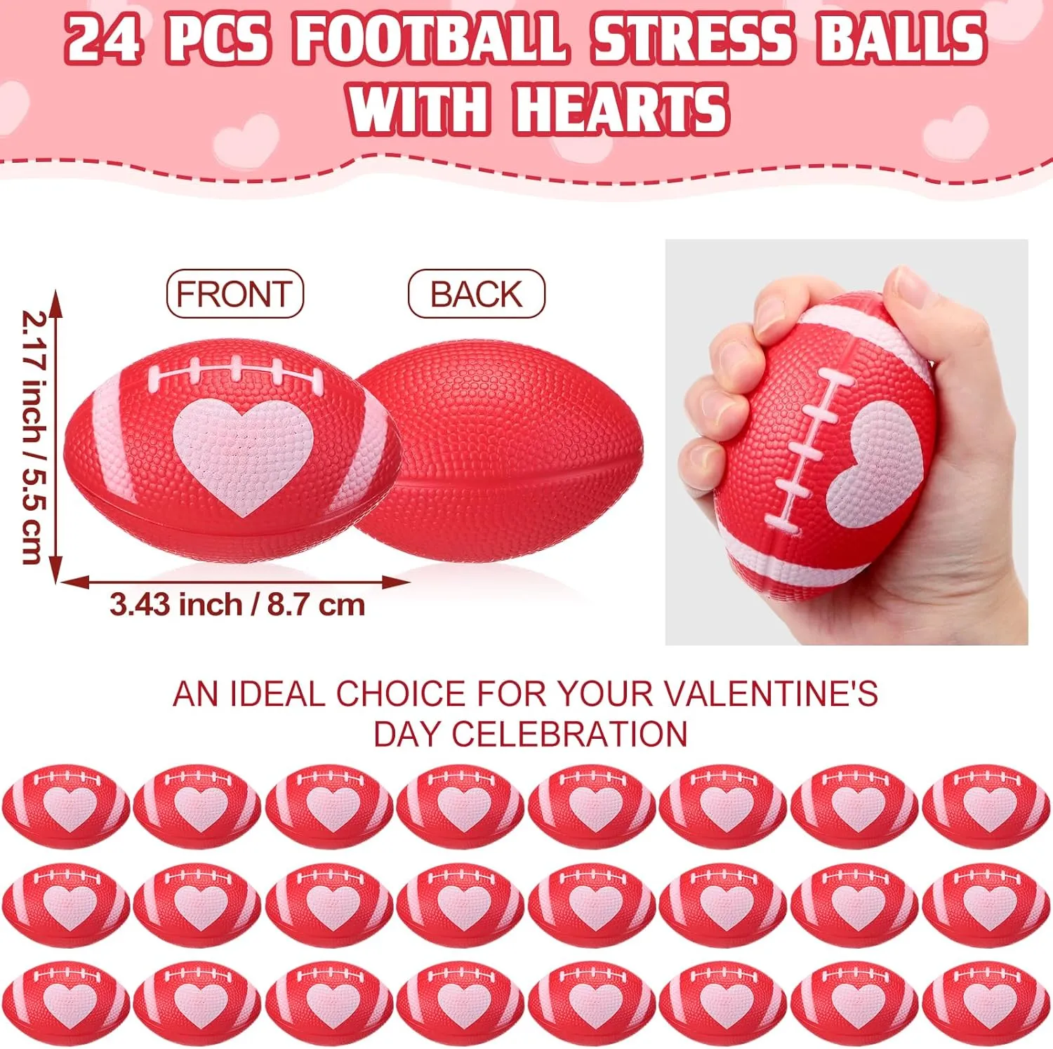 Stress Balls 3.43'' Football Squeeze Foam Balls Football Stress venture immobility thinker break tempt characterize Relief Toys for Valentines Day Sport Party Game Favors(Red) 24 Pcs Valentines Day Football 