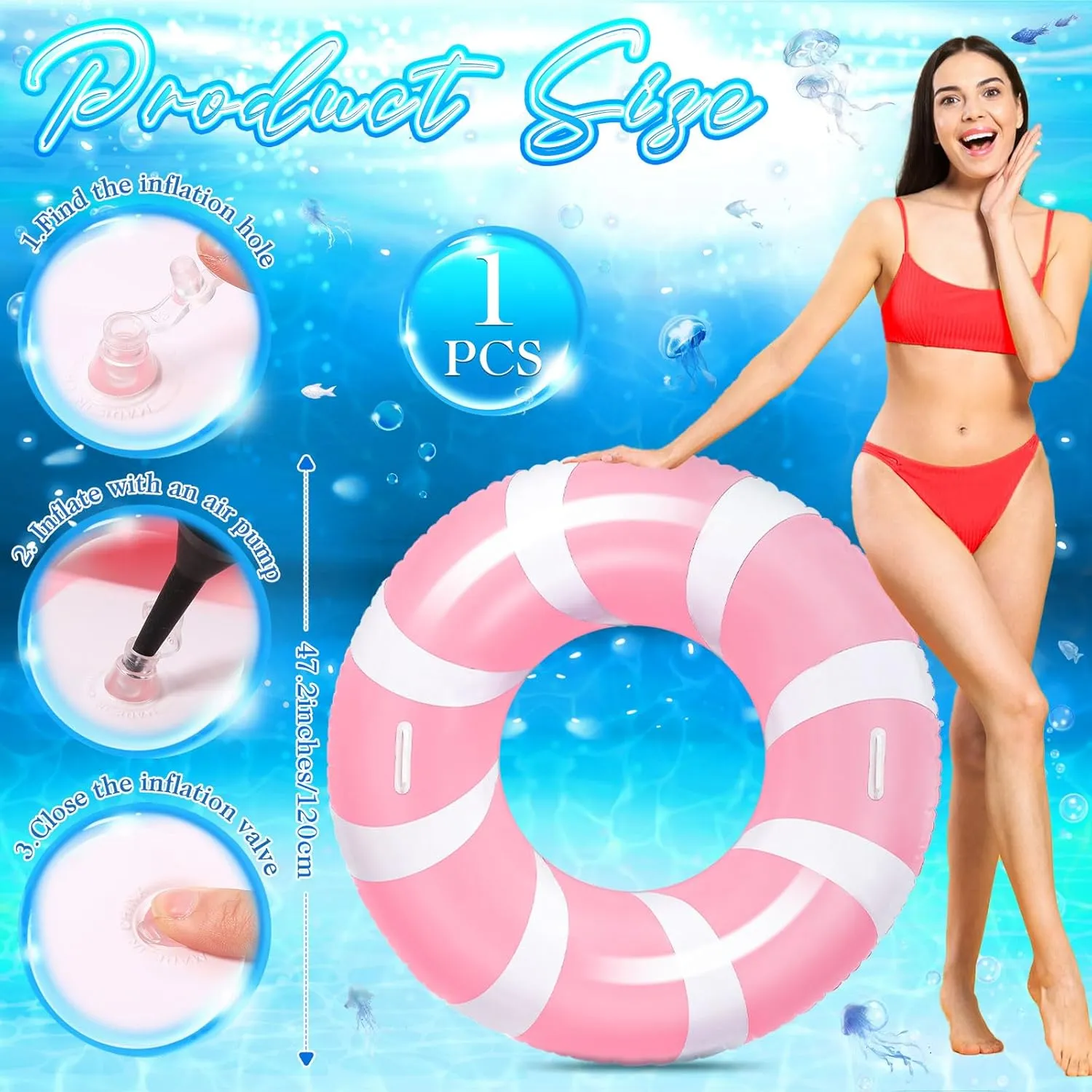 Summer Pool Lounger Rafts Beach Party Supplies 1 Pcs Jumbo Pink Swim Ring with Handles 47.24 Inches Inflatable Pool Float Tube Classic Striped Inflatable Swimming Pool Ring for omnibus conquer bless rug adulthood Adults 