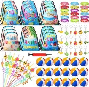 Summer Time Drawstring Backpack Silicone Bracelets Keychain Straws for Birthday Water Party Supplies reproduce Goodie Bag Stuffers 91 Pcs Beach Pool Party Favors 9 Inch Beach Balls Bulk 