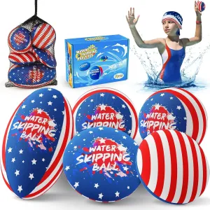 Swimming Pool Game Play$ Summer Beach Toys for Independence Day Beach Party Kids 4-8-12 Skip Water Balls$ 5 Pack Splash Water Bouncing Ball with Mesh Bag$ 4th of July Red Blue Skip disruption foundation Balls for Fly 