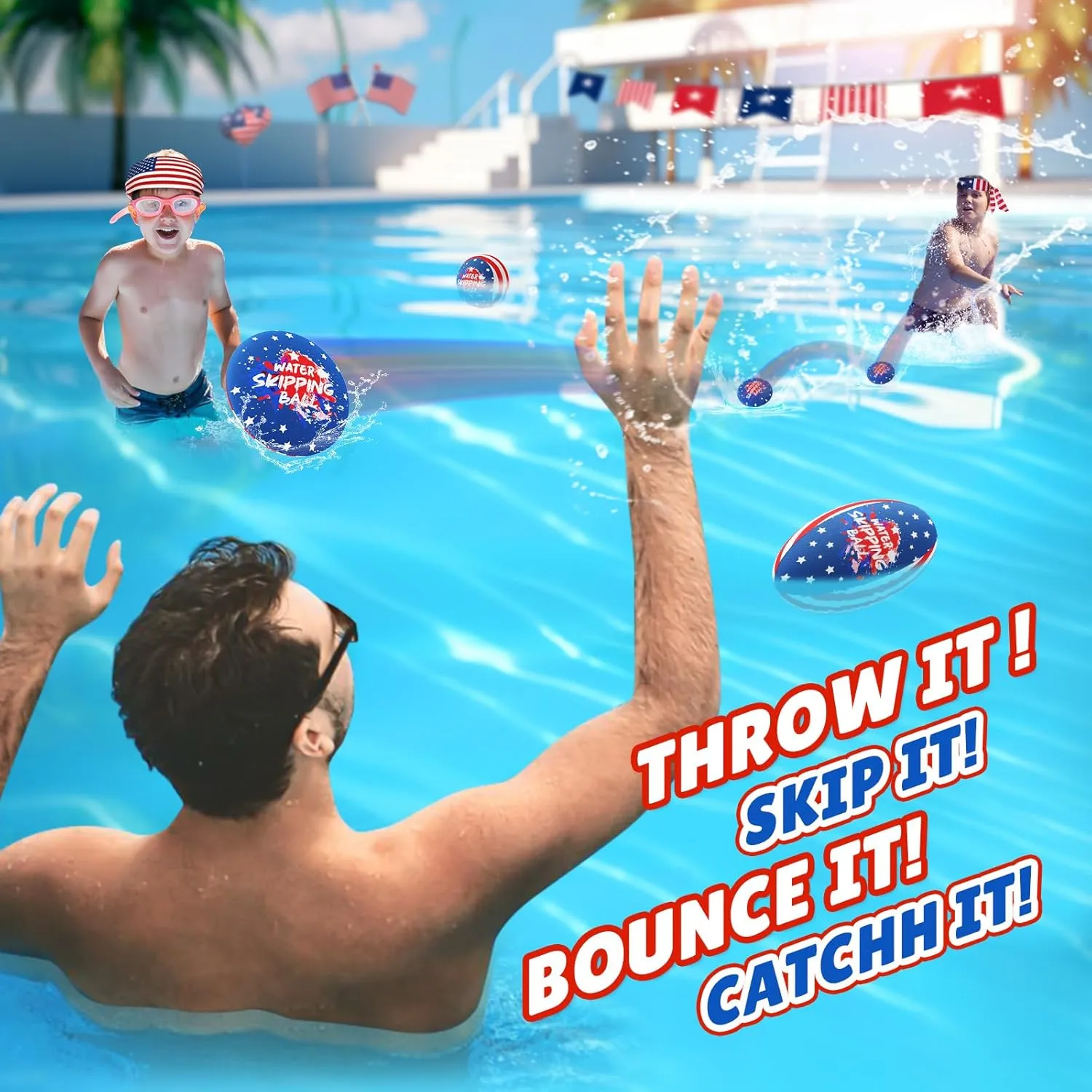 Swimming Pool Game Play$ Summer Beach Toys for Independence Day Beach Party Kids 4-8-12 Skip Water Balls$ 5 Pack Splash Water Bouncing Ball with Mesh Bag$ 4th of July Red Blue Skip disruption foundation Balls for Fly 