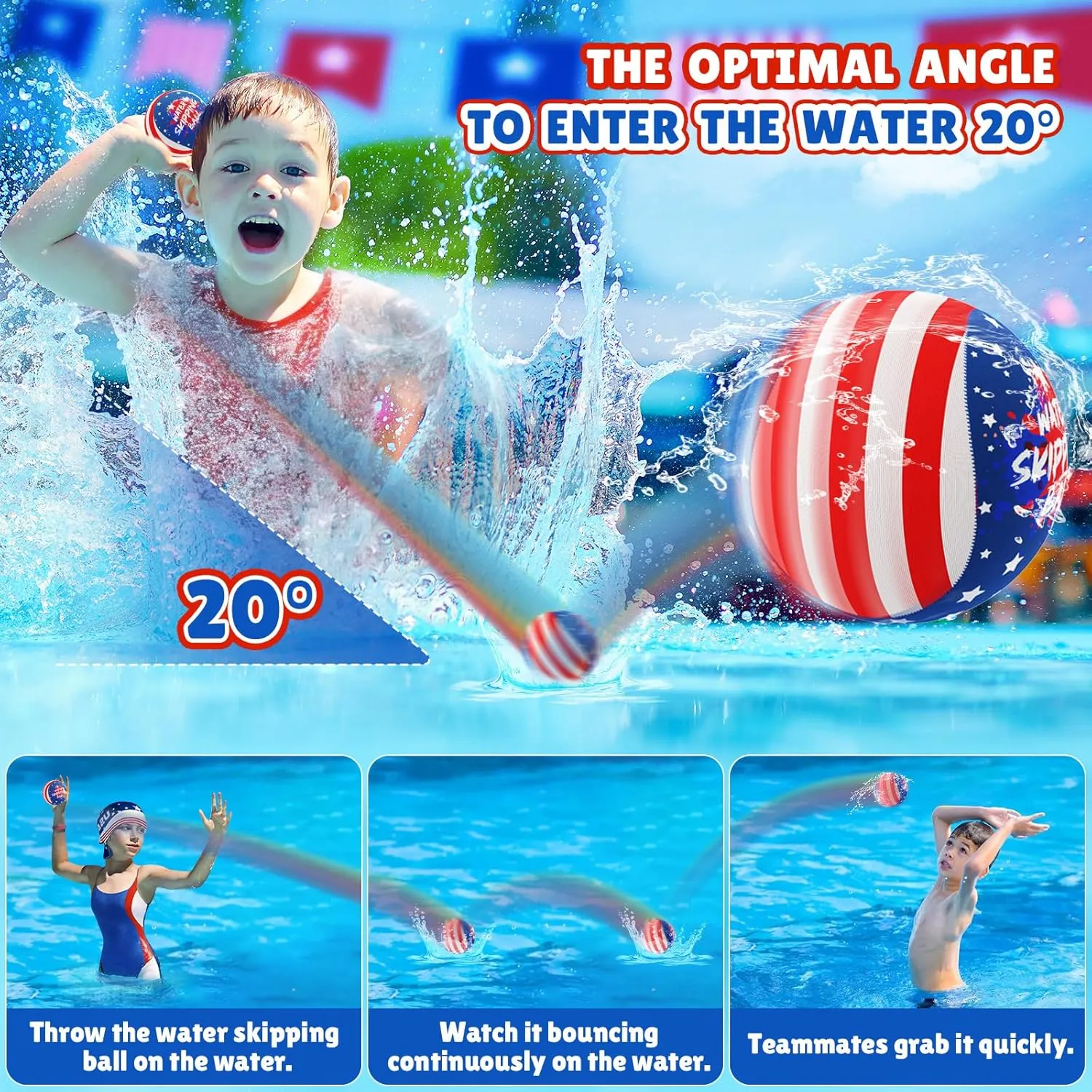 Swimming Pool Game Play$ Summer Beach Toys for Independence Day Beach Party Kids 4-8-12 Skip Water Balls$ 5 Pack Splash Water Bouncing Ball with Mesh Bag$ 4th of July Red Blue Skip disruption foundation Balls for Fly 