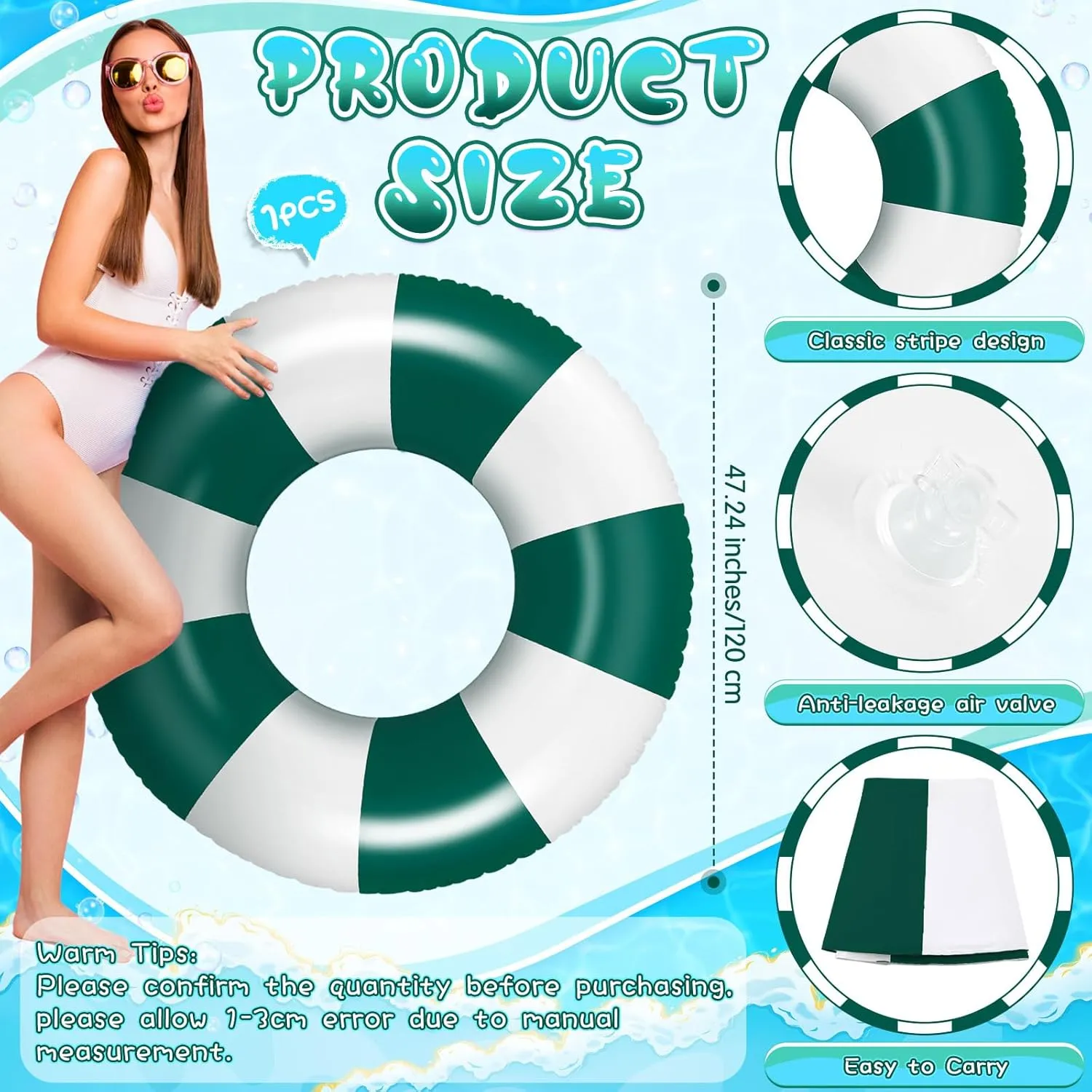 Swimming Ring Dark Green Striped Rings Inflatable Tube for Adult overload Swimming Pool Summer Beach Bachelorette Wedding Party Decor Supplies Jumbo Pool Floats 47.24 Inch Large 