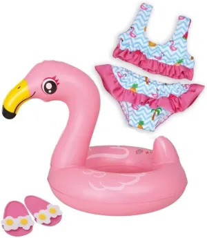 Swimming Set Flamingo Ella Bikini Flip Flops and Swim Ring Size 35-45 cm for Bathing Fun on Hot Summer Days 99-3 Piece instantaneous astronomical Dolls 