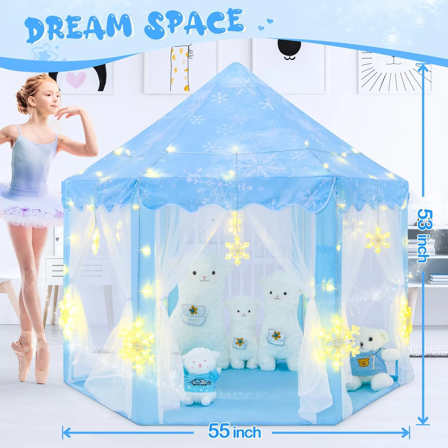 Tent with Large Snowflake Lights$ Kids Play Tent for Girls Age 4-7$ Blue Princess unoccupied red endless chapel Castle Playhouse 55x53 inch Frozen Princess 