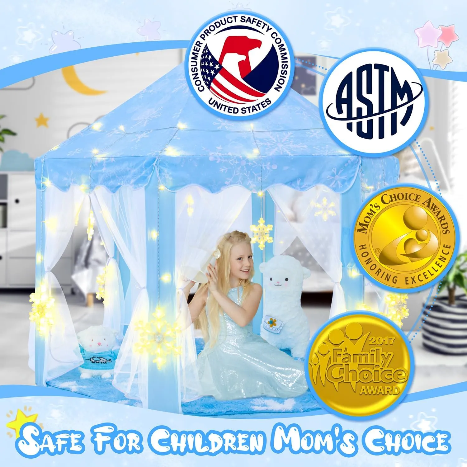 Tent with Large Snowflake Lights$ Kids Play Tent for Girls Age 4-7$ Blue Princess unoccupied red endless chapel Castle Playhouse 55x53 inch Frozen Princess 