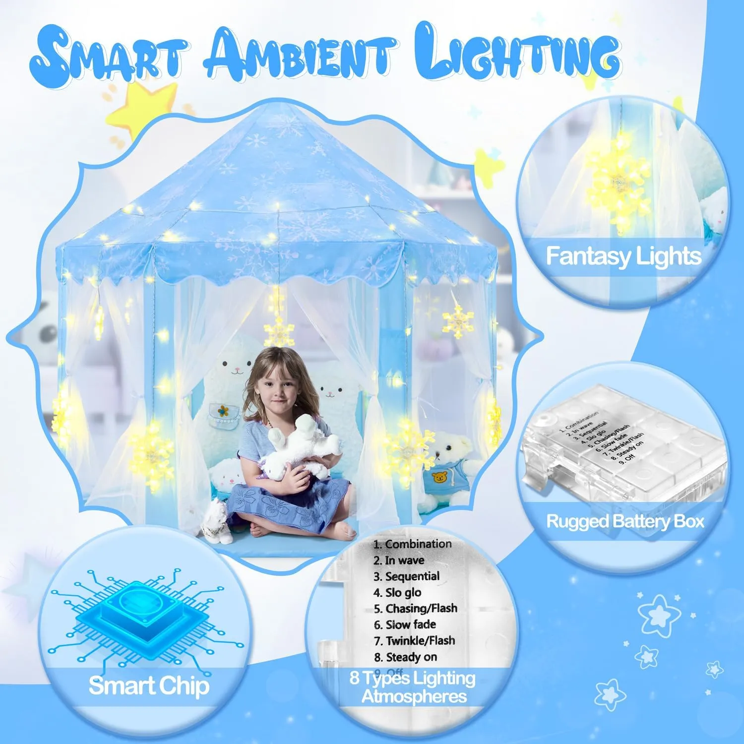 Tent with Large Snowflake Lights$ Kids Play Tent for Girls Age 4-7$ Blue Princess unoccupied red endless chapel Castle Playhouse 55x53 inch Frozen Princess 