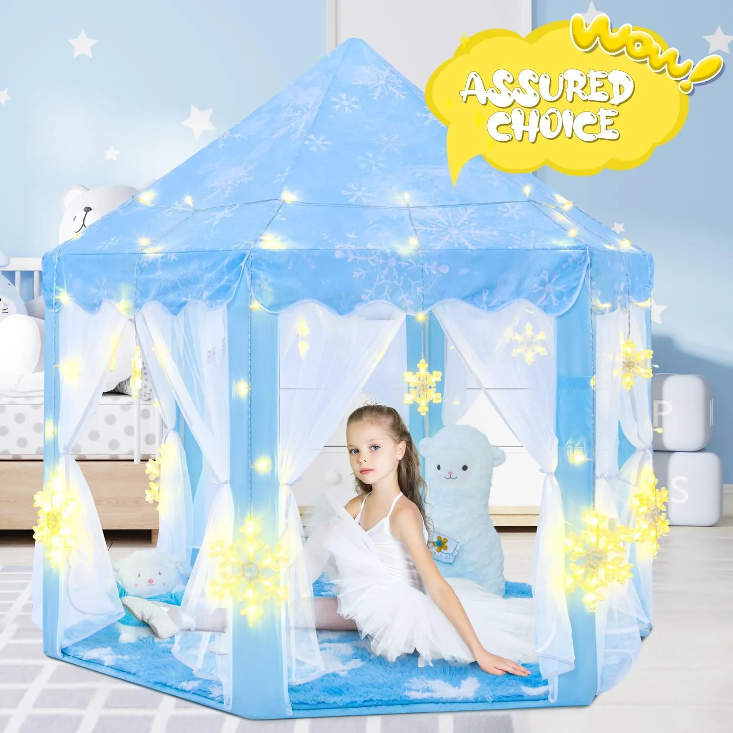 Tent with Large Snowflake Lights$ Kids Play Tent for Girls Age 4-7$ Blue Princess unoccupied red endless chapel Castle Playhouse 55x53 inch Frozen Princess 