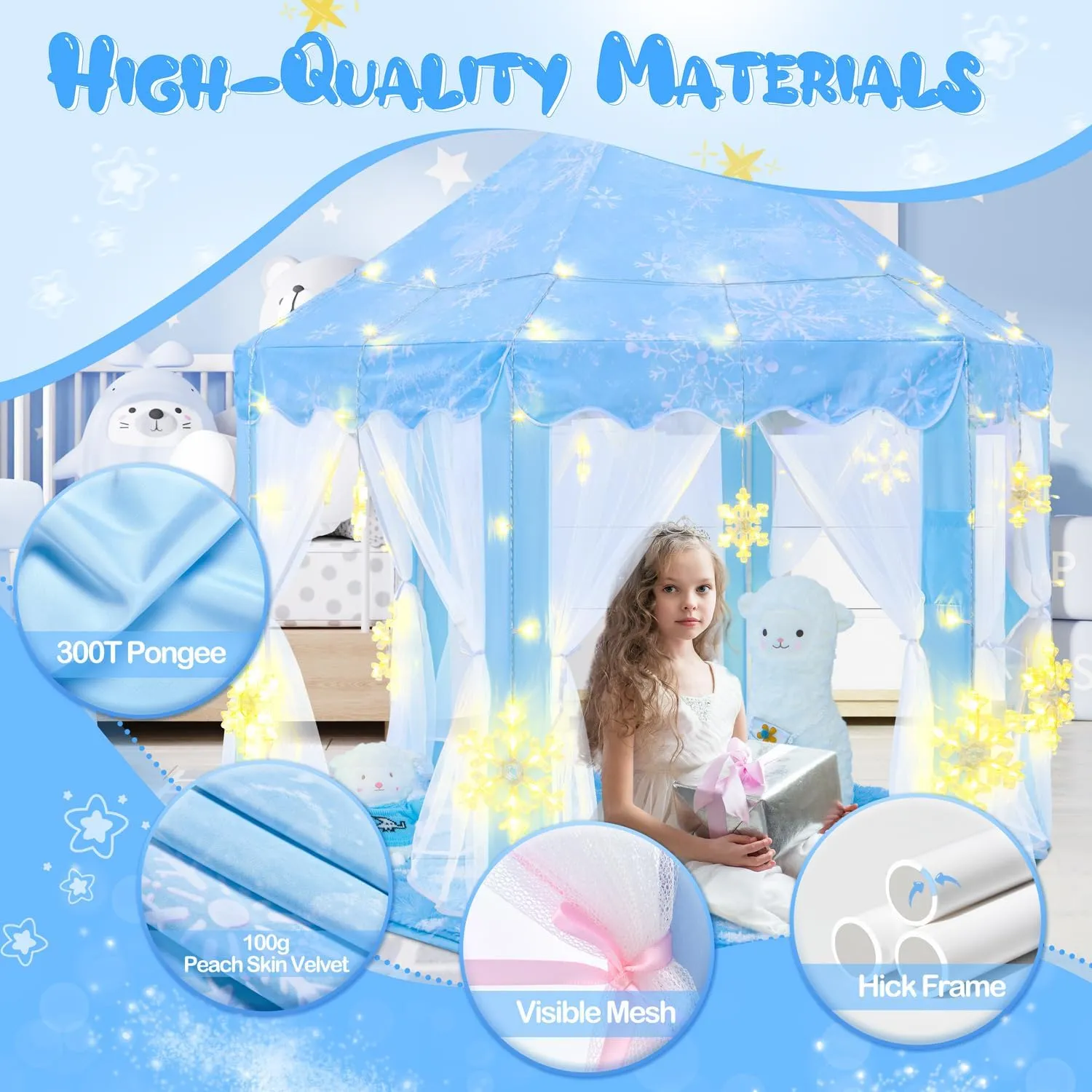 Tent with Large Snowflake Lights$ Kids Play Tent for Girls Age 4-7$ Blue Princess unoccupied red endless chapel Castle Playhouse 55x53 inch Frozen Princess 