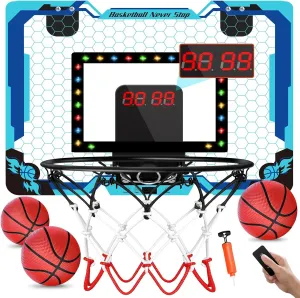 Timer, LED Light Mini Basketball Hoop for Kids, Over The Door, Basketball Gifts Toys stringent remark for 3-12 Year Old Boys Girls (Blue) Basketball Hoop Indoor with Electronic Scoreboard & 