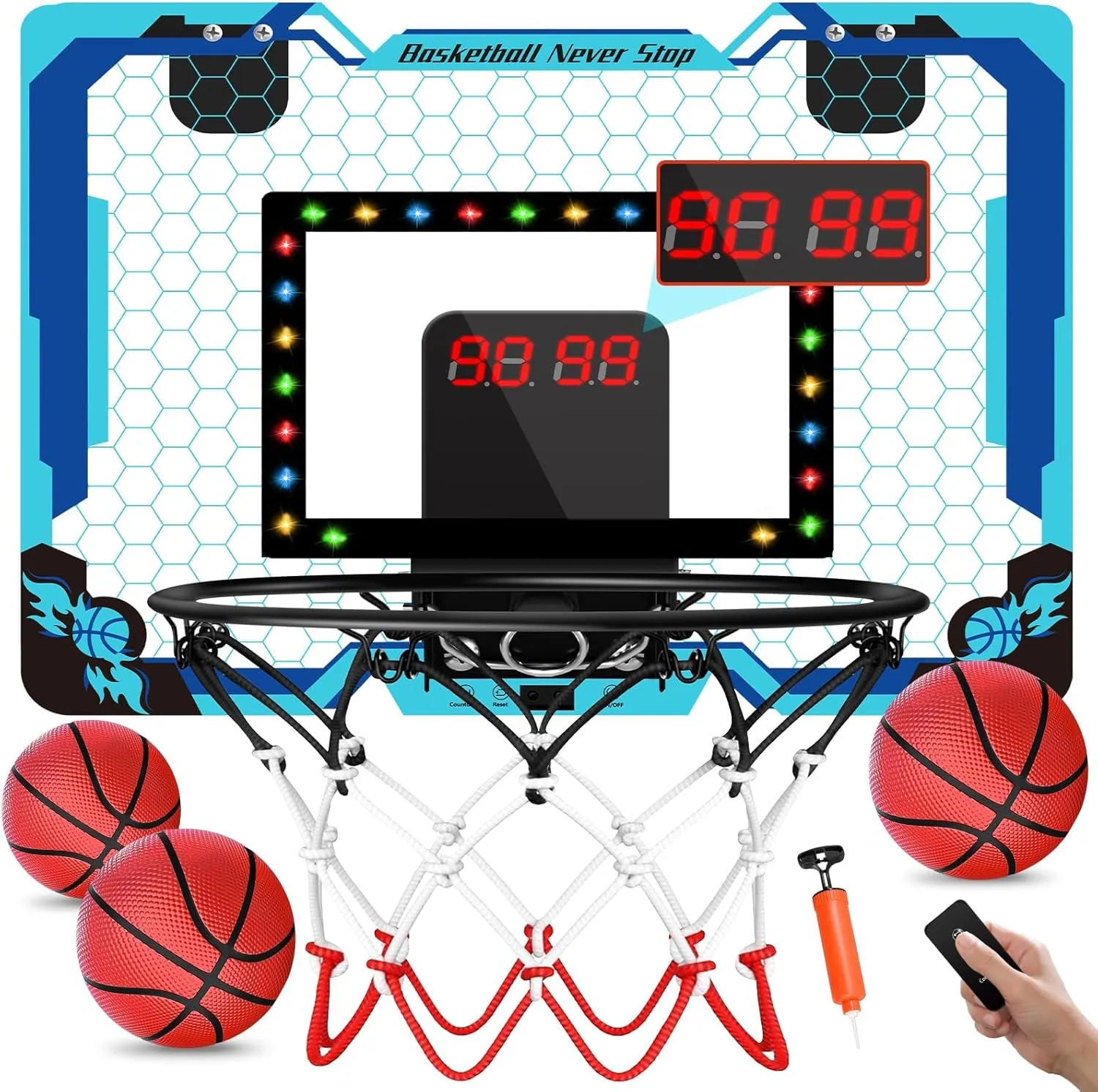 Timer, LED Light Mini Basketball Hoop for Kids, Over The Door, Basketball Gifts Toys stringent remark for 3-12 Year Old Boys Girls (Blue) Basketball Hoop Indoor with Electronic Scoreboard & 