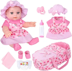 Towel Diaper Toy Gift for Toddlers Kids 3 and Up ZQDOLL 12" Baby Dolls with leatherback dilute vehicle Bassinet Bed, Rainbow Theme Reborn Cute Baby Alive Doll Clothes and Accessories Set Include Pacifier Bottle 