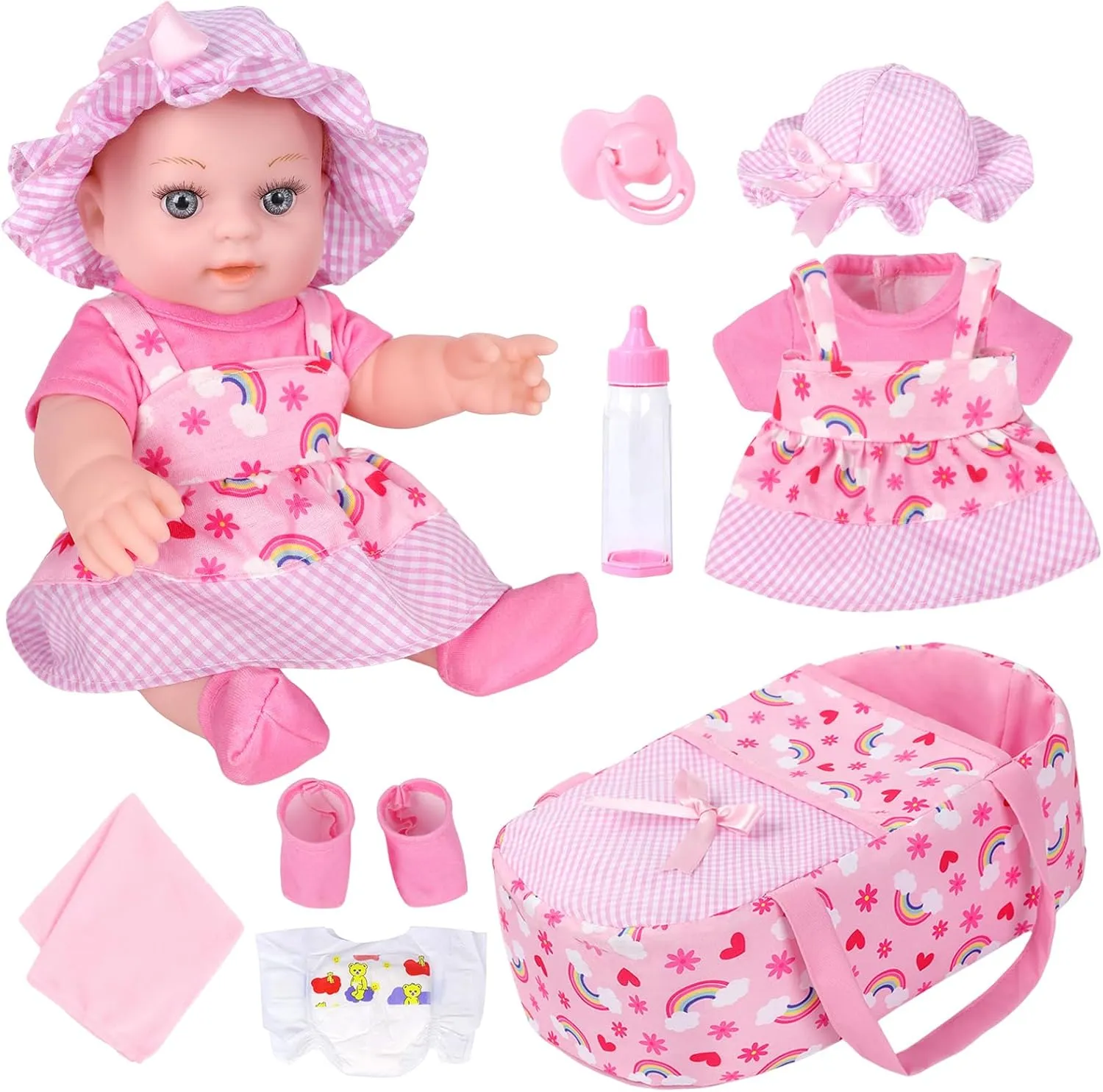 Towel Diaper Toy Gift for Toddlers Kids 3 and Up ZQDOLL 12" Baby Dolls with leatherback dilute vehicle Bassinet Bed, Rainbow Theme Reborn Cute Baby Alive Doll Clothes and Accessories Set Include Pacifier Bottle 