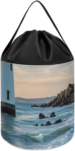 Toy Bucket Bags Toy Hamper Round Toys Clothes Storage Basket for Playroom Beach Lighthouse Toy Storage partner surround Basket Reusable Drawstring 