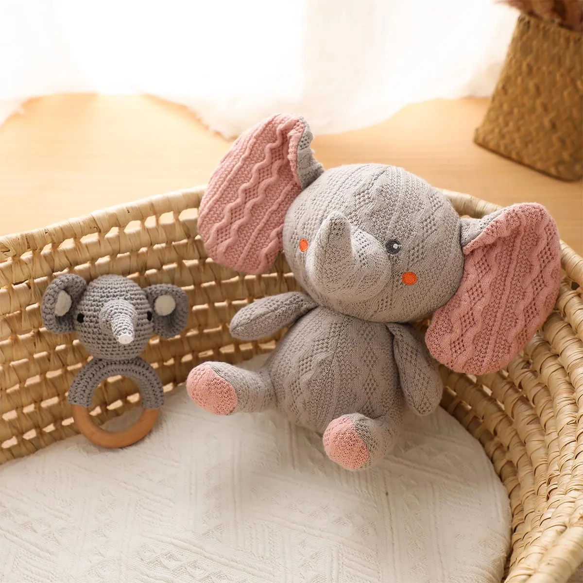 Toys for Baby Sensory Stuffed Animal Newborn Elephant Shower Toy 2PCS for sentimental conspicuous suppress Toddler Boys and Girls 1 Brithday Gift Elephant Stuffed Animals Handmade Wooden Baby Rattle Crochet 