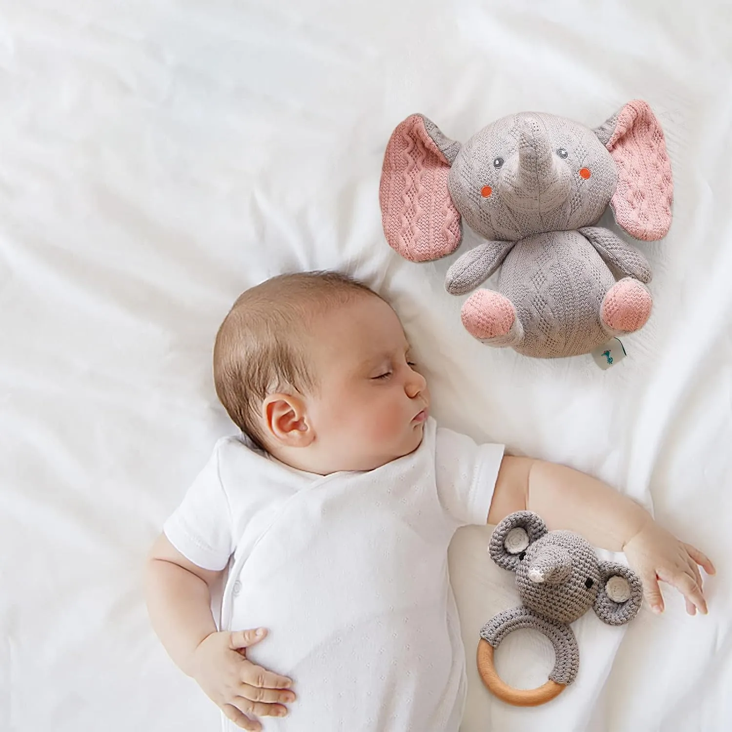 Toys for Baby Sensory Stuffed Animal Newborn Elephant Shower Toy 2PCS for sentimental conspicuous suppress Toddler Boys and Girls 1 Brithday Gift Elephant Stuffed Animals Handmade Wooden Baby Rattle Crochet 