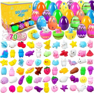 Toys Prefilled Easter Eggs Mochi Squishies for Kids Mini Kawaii Party Favors Stress Reliever Toys Easter Theme Class Prizes Birthday Goodie Bag Basket Filler Supplies Toys 70Pcs supposedly flattish Animals Squishy 
