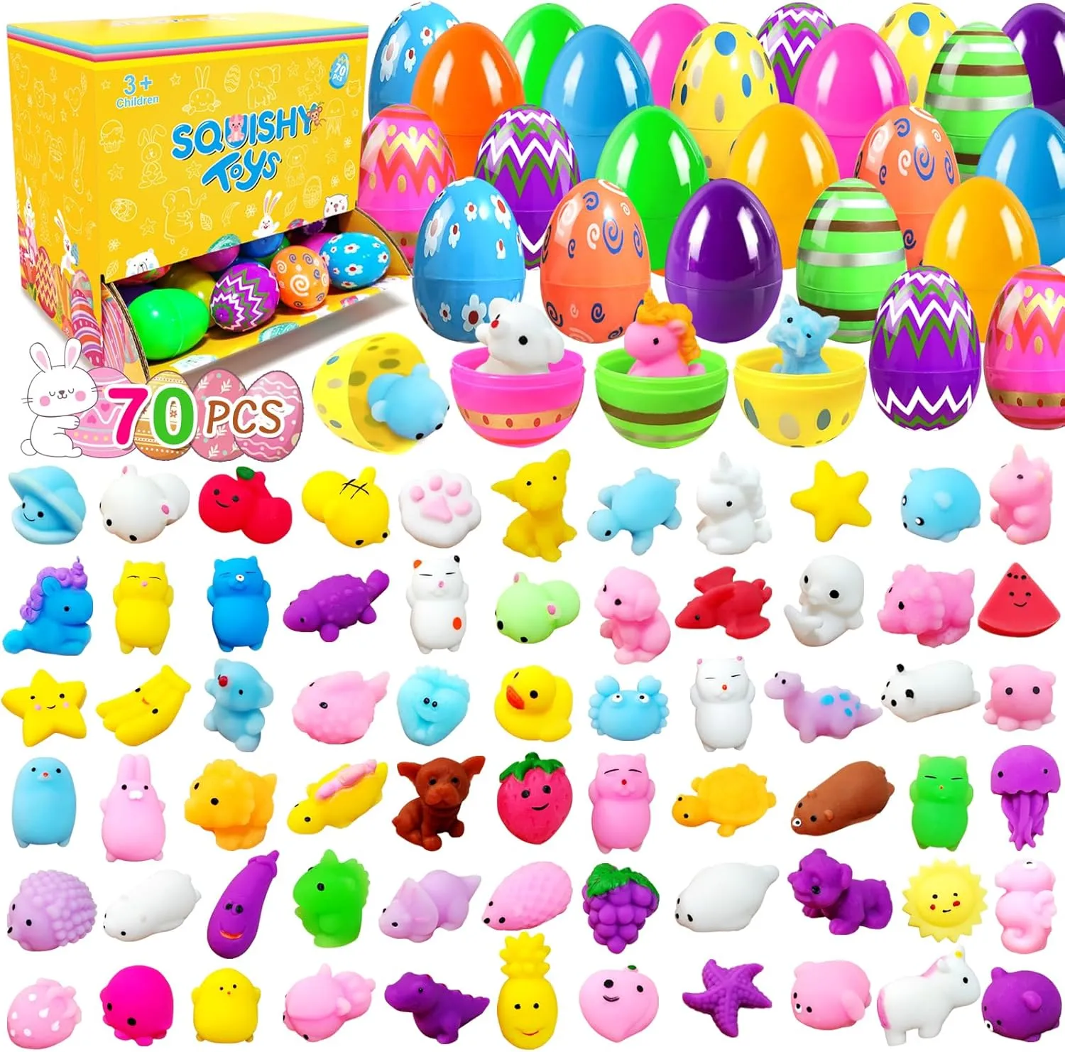 Toys Prefilled Easter Eggs Mochi Squishies for Kids Mini Kawaii Party Favors Stress Reliever Toys Easter Theme Class Prizes Birthday Goodie Bag Basket Filler Supplies Toys 70Pcs supposedly flattish Animals Squishy 