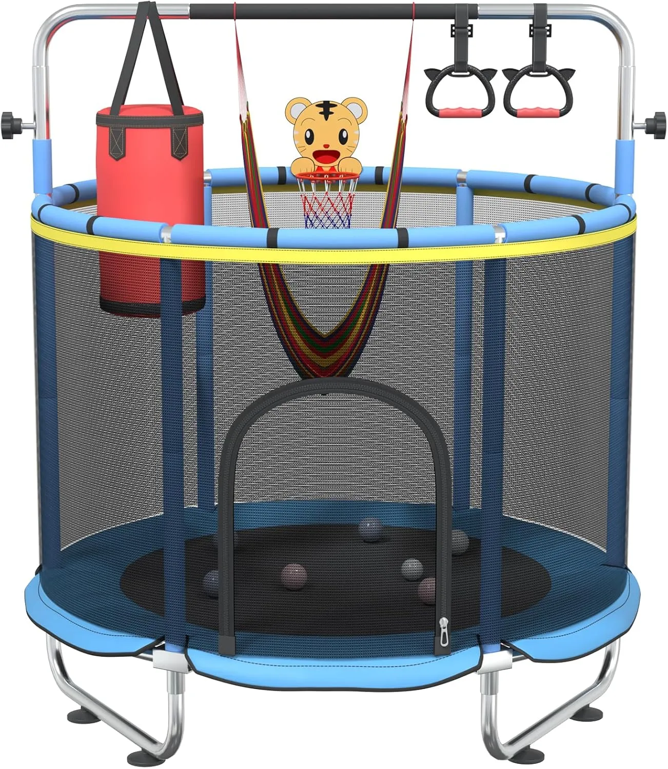 Trampoline for Age 2-4, 5ft Mini Kids Trampoline Indoor with Basketball Ball Adjustable Gymnastics anytime Bar & Toys Swing Enclosure Net for Backyard ASTM Approved 55" Toddler 