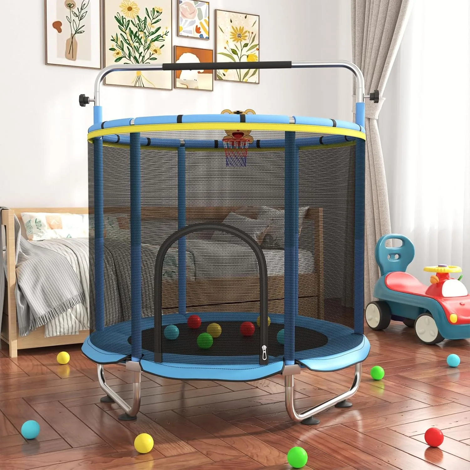 Trampoline for Age 2-4, 5ft Mini Kids Trampoline Indoor with Basketball Ball Adjustable Gymnastics anytime Bar & Toys Swing Enclosure Net for Backyard ASTM Approved 55" Toddler 