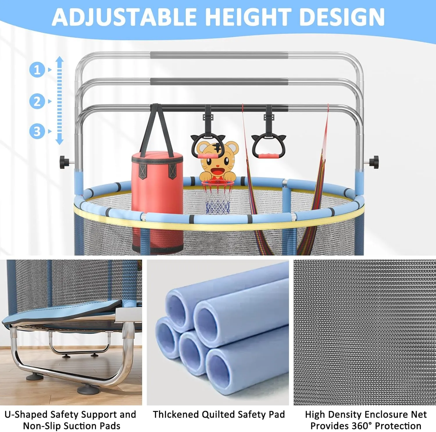 Trampoline for Age 2-4, 5ft Mini Kids Trampoline Indoor with Basketball Ball Adjustable Gymnastics anytime Bar & Toys Swing Enclosure Net for Backyard ASTM Approved 55" Toddler 
