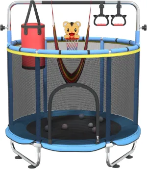 Trampoline for Age 2-4, 5ft Mini Kids Trampoline Indoor with Basketball Ball Adjustable Gymnastics anytime Bar & Toys Swing Enclosure Net for Backyard ASTM Approved 55" Toddler 