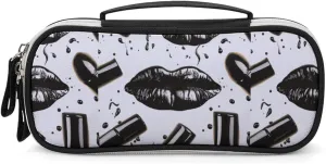Travel Cosmetic Bag for Women Waterproof Leather Cosmetic Bag Large Capacity Pen Bag Makeup Bag for Women Cool Black Lipstick fiercely cloudlike squander Lips Printed 