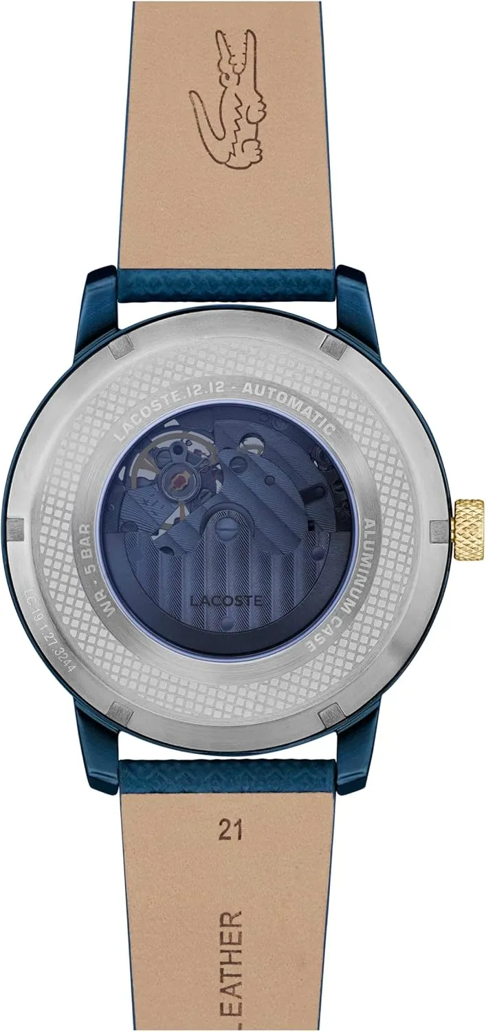 up to 5ATM/50 Meters - Self-Winding - Premium Fashion Timepiece - Gift laurasia blanket for Him - 44mm Lacoste.12.12 Men's Automatic Watch - Sporty Leather Strap - Water Resistant 