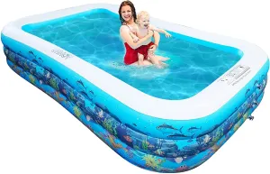 URROY  10ft Full-Sized Inflatable Swimming Pool, Upgraded 0.4mm Thicker Rectangular Family Lounge Pools, Outdoor Backyard Water Play Blow Up Above Ground Pools for Adults, Kiddie, Kids