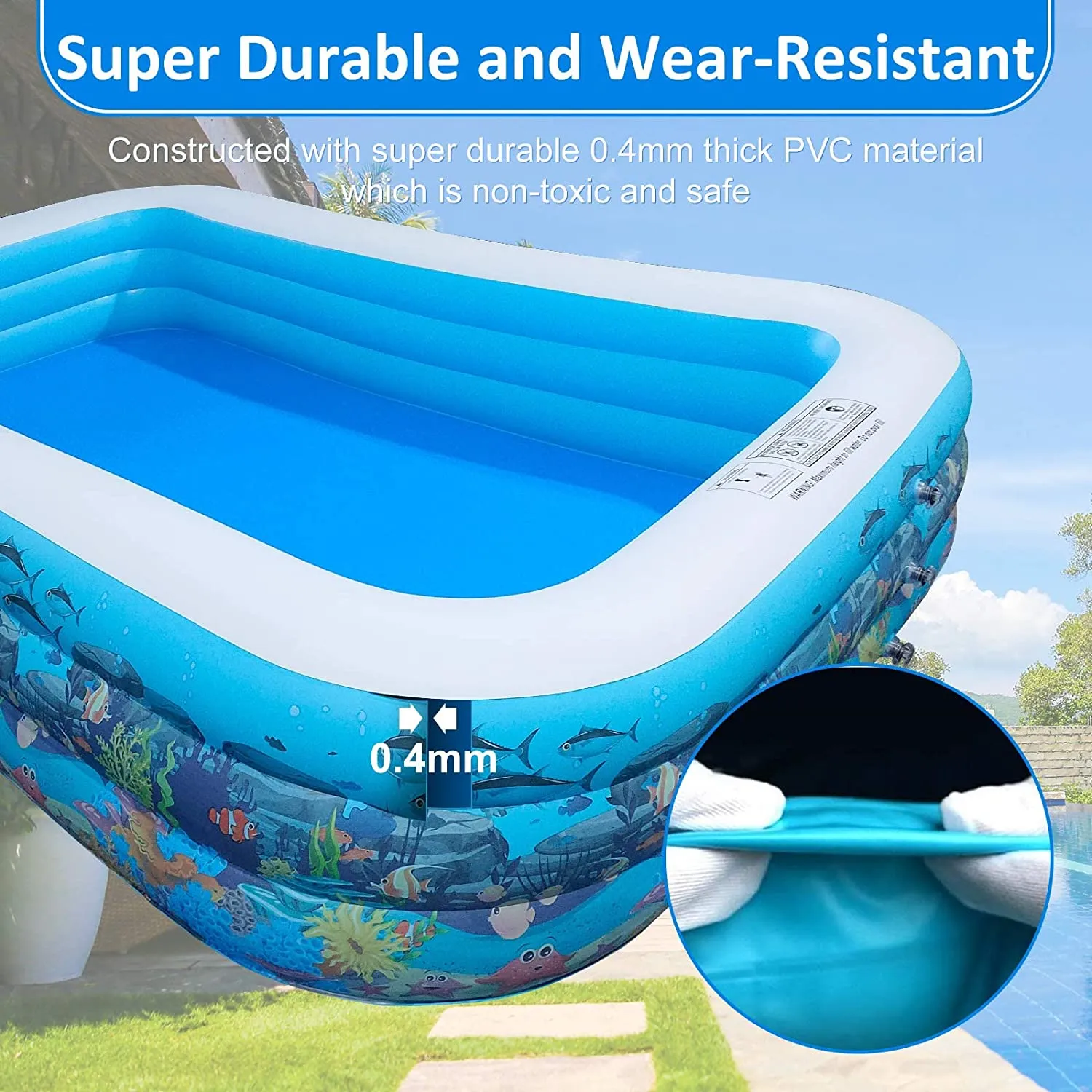 URROY  10ft Full-Sized Inflatable Swimming Pool, Upgraded 0.4mm Thicker Rectangular Family Lounge Pools, Outdoor Backyard Water Play Blow Up Above Ground Pools for Adults, Kiddie, Kids